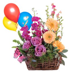 Colorful bouquet of beautiful Flowers and bright Balloons to Darjiling