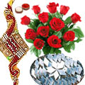 Delightful Set of Rakhi with Kaju Katli and Roses...