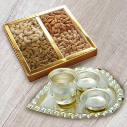 Silver Plated Paan Shaped Puja Aarti Thali (weight 52 gms) with Assorted Dry Fruits to Salt lake Silver Plated Paan Shaped Puja Aarti Thali (weight 52 gms) with Assorted Dry Fruits to Salt lake