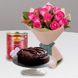 12 Red Roses and Haldiram Rasgulla with Eggless Cake 1 Kg. to Behala 12 Red Roses and Haldiram Rasgulla with Eggless Cake 1 Kg. to Behala