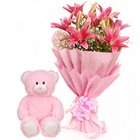 Hand Bunch of Pink Lilies with a small Teddy to Howrah Hand Bunch of Pink Lilies with a small Teddy to Howrah