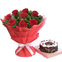 B Day Delight Black Forest Cake with Elegant Red Rose Bouquet to Cooch behar B Day Delight Black Forest Cake with Elegant Red Rose Bouquet to Cooch behar