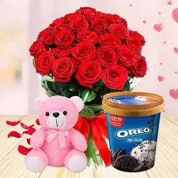 Exquisite Red Roses Bouquet with Kwality Walls Oreo n Cream Ice Cream n Teddy to Cooch behar Exquisite Red Roses Bouquet with Kwality Walls Oreo n Cream Ice Cream n Teddy to Cooch behar