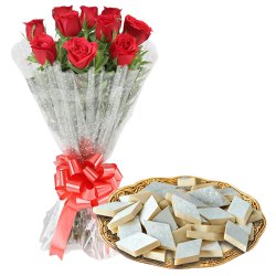 Darling Red Roses together with ambrosial Kaju Barfi to Behala Darling Red Roses together with ambrosial Kaju Barfi to Behala