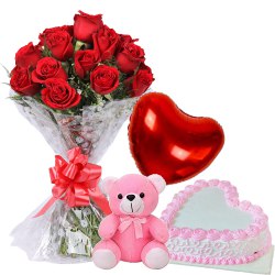 Captivating 12 Dutch Red Roses Bunch with Teddy Bear, 1 Lb Love Cake and Heart Shaped Balloons to Cooch behar Captivating 12 Dutch Red Roses Bunch with Teddy Bear, 1 Lb Love Cake and Heart Shaped Balloons to Cooch behar