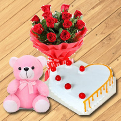 Incomparable 12 Dutch Red Roses with Teddy Bear and 1/2 Kg Heart Shaped Cake to Dakshin dinajpur Incomparable 12 Dutch Red Roses with Teddy Bear and 1/2 Kg Heart Shaped Cake to Dakshin dinajpur