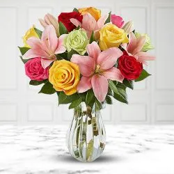 Colourful Roses N Lilies Vase Arrangement to Cooch behar