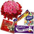 Silky Cadburys Chocs Dessert and 50 Pink and Red Roses Collection Silky Cadburys Chocs Dessert and 50 Pink and Red Roses Collection