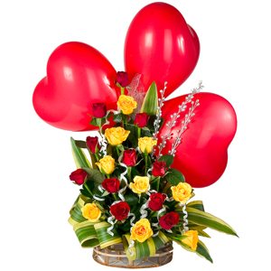 Stimulating 20 Roses Assemblage with 3 Red Heart Balloons Stimulating 20 Roses Assemblage with 3 Red Heart Balloons