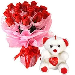 Enchanting Red Rose Bouquet and a Teddy Bear with Heart Enchanting Red Rose Bouquet and a Teddy Bear with Heart