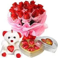 Heavenly Bouquet of Red Roses with a Teddy and Chocolate Box