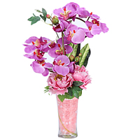 Vibrant Gift of Artificial Orchids N Roses decked in a Glass Vase<br> Vibrant Gift of Artificial Orchids N Roses decked in a Glass Vase<br>