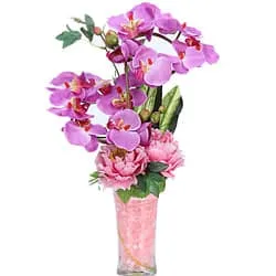 Vibrant Gift of Artificial Orchids N Roses decked in a Glass Vase<br>