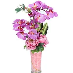 Vibrant Gift of Artificial Orchids N Roses decked in a Glass Vase<br> Vibrant Gift of Artificial Orchids N Roses decked in a Glass Vase<br>