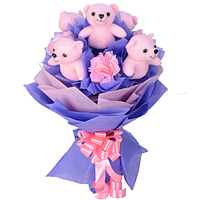 Mesmerizing Arrangement of Pink Teddies N Artificial Pink Carnations in a Bouquet Mesmerizing Arrangement of Pink Teddies N Artificial Pink Carnations in a Bouquet