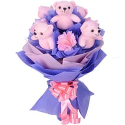Mesmerizing Arrangement of Pink Teddies N Artificial Pink Carnations in a Bouquet
