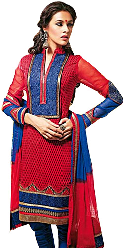Amazing Red and Blue Cotton Printed Unstitched Salwar Suit Amazing Red and Blue Cotton Printed Unstitched Salwar Suit