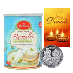 Luscious Rasmalai With Silver Plated Coin And Diwali Card Luscious Rasmalai With Silver Plated Coin And Diwali Card