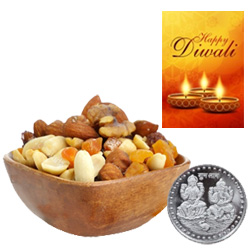 Healthy Mix Dry Fruits With Silver Plated Coin And Diwali Card Healthy Mix Dry Fruits With Silver Plated Coin And Diwali Card