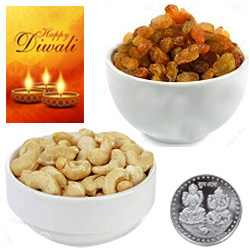 Fresh Cashews And Raisin With Silver Plated Coin And Diwali Card Fresh Cashews And Raisin With Silver Plated Coin And Diwali Card