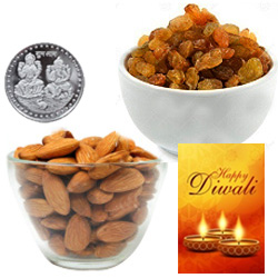 Nutrient Almonds And Raisin With Silver Plated Coin And Diwali Card Nutrient Almonds And Raisin With Silver Plated Coin And Diwali Card