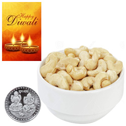 Nutritious Cashews With Silver Plated Coin And Diwali Card Nutritious Cashews With Silver Plated Coin And Diwali Card