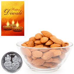 Nourishing Almonds With Silver Plated Coin And Diwali Card Nourishing Almonds With Silver Plated Coin And Diwali Card