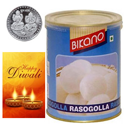 Appetizing Bikano Rasgulla With Silver Plated Coin And Diwali Card Appetizing Bikano Rasgulla With Silver Plated Coin And Diwali Card