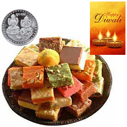 Succulent Assorted Sweets With Silver Plated Coin And Diwali Card Succulent Assorted Sweets With Silver Plated Coin And Diwali Card