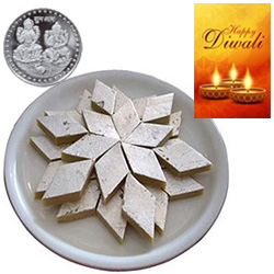 Flavorous Kaju Katli With Silver Plated Coin And Diwali Card Flavorous Kaju Katli With Silver Plated Coin And Diwali Card