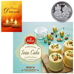 Scrummy Soan Cake From Haldiram With Silver Plated Coin And Diwali Card Scrummy Soan Cake From Haldiram With Silver Plated Coin And Diwali Card