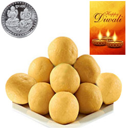 Scrumptious Besan Laddoo With Silver Plated Coin And Diwali Card Scrumptious Besan Laddoo With Silver Plated Coin And Diwali Card