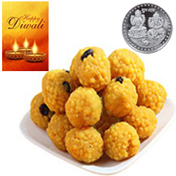 Piquant Bundi Laddoo With Silver Plated Coin And Diwali Card Piquant Bundi Laddoo With Silver Plated Coin And Diwali Card