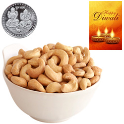 Healthy Delicious Cashews With Silver Plated Coin And Diwali Card Healthy Delicious Cashews With Silver Plated Coin And Diwali Card