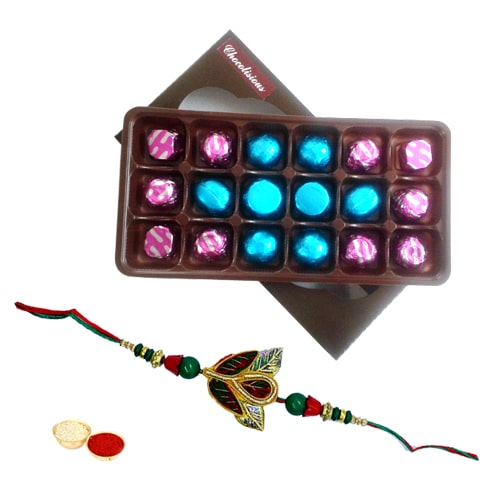 Stylish Rakhi with a Pack of Exceptional 18 Pcs Chocolates Stylish Rakhi with a Pack of Exceptional 18 Pcs Chocolates