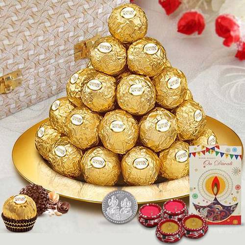 Daintily Arranged Ferrero Rocher Chocolates in a Golden Plated Thali Daintily Arranged Ferrero Rocher Chocolates in a Golden Plated Thali