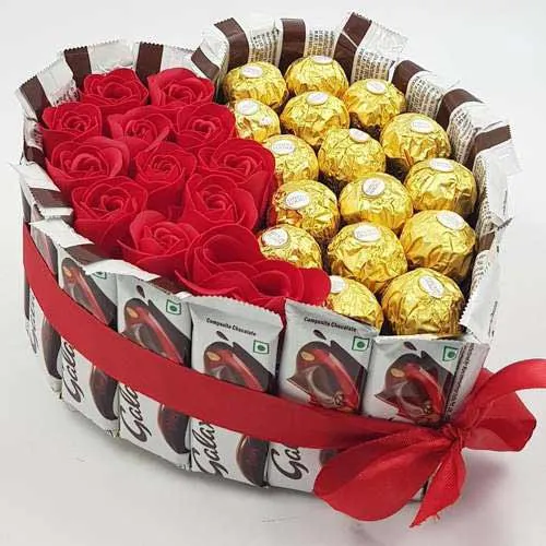 Ferrero Rocher n Galaxy Chocolates with Roses Heart Arrangement