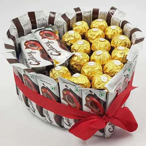 Magnificent Heart Shape Arrangement of Ferrero Rocher and Galaxy Chocolates