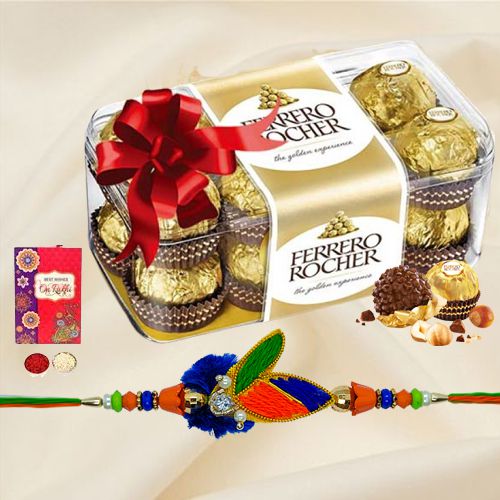 16 pcs Ferrero Rocher Chocolate Pack with Rakhi and Roli Tilak Chawal 16 pcs Ferrero Rocher Chocolate Pack with Rakhi and Roli Tilak Chawal