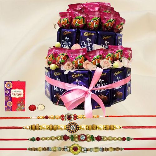 Wholesome Explosion of Taste Chocolate Arrangement with Free 4 Rakhis and Roli Tilak Chawal Wholesome Explosion of Taste Chocolate Arrangement with Free 4 Rakhis and Roli Tilak Chawal