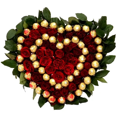 Heart Shaped Arrangement of Ferrero Rocher n Red Roses