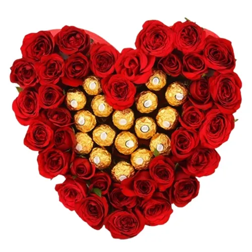 Delightful Heart Shaped Arrangement of Ferrero Rocher n Red Roses