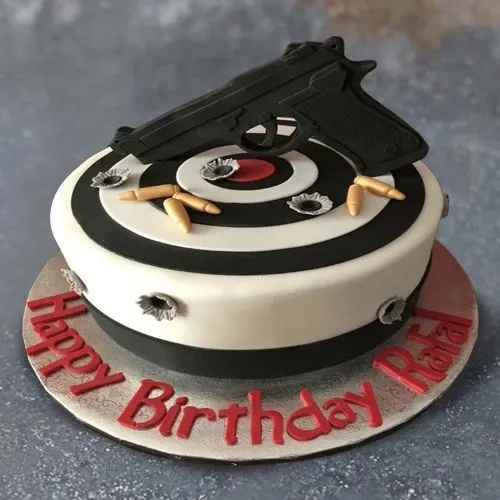 Remarkable Eggless Fondant Chocolate Cake with Gun Topping Remarkable Eggless Fondant Chocolate Cake with Gun Topping