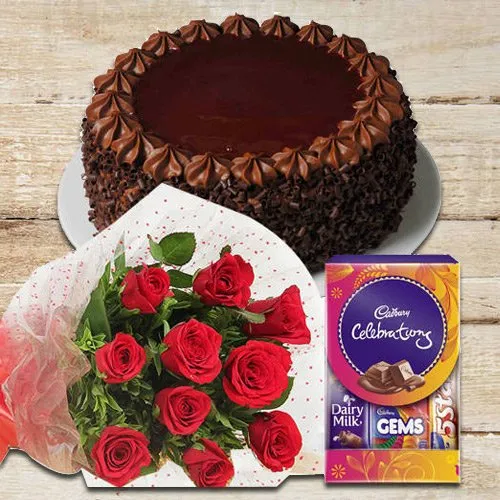 Online Celebrations Pack with Red Roses N Chocolate Cake