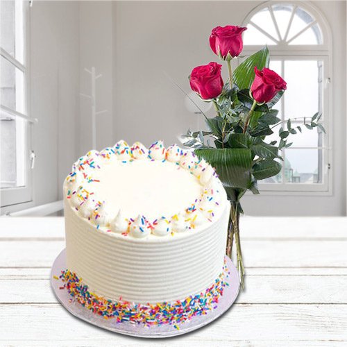 Classic Duo of 2.2 Lbs Vanilla Cake and 3 Red Rose Bunch Classic Duo of 2.2 Lbs Vanilla Cake and 3 Red Rose Bunch