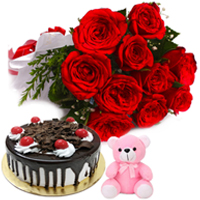 Tasty Black Forest Cake with Red Roses Bunch & Small Teddy Hamper Tasty Black Forest Cake with Red Roses Bunch & Small Teddy Hamper
