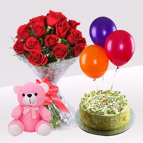 Online Balloons with Teddy, Vanilla Cake N Roses Bouquet