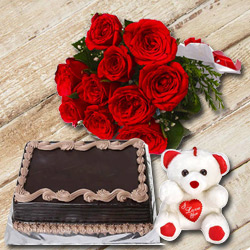 Bright Red Roses Hand Bunch with Choocolate Cake & Small Teddy Bright Red Roses Hand Bunch with Choocolate Cake & Small Teddy