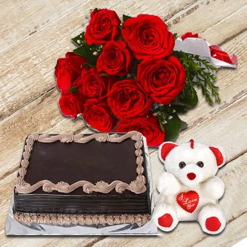 Shop for Chocolate Cake with Roses Bouquet N Teddy