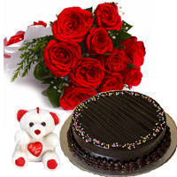 Bright Red Roses Hand Bunch with Choco Truffle Cake & Small Teddy Bright Red Roses Hand Bunch with Choco Truffle Cake & Small Teddy